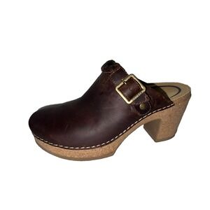 Aetrex Brown Leather Braided Buckle Clogs Platform Block Heel Mules Sz 7US 37EU